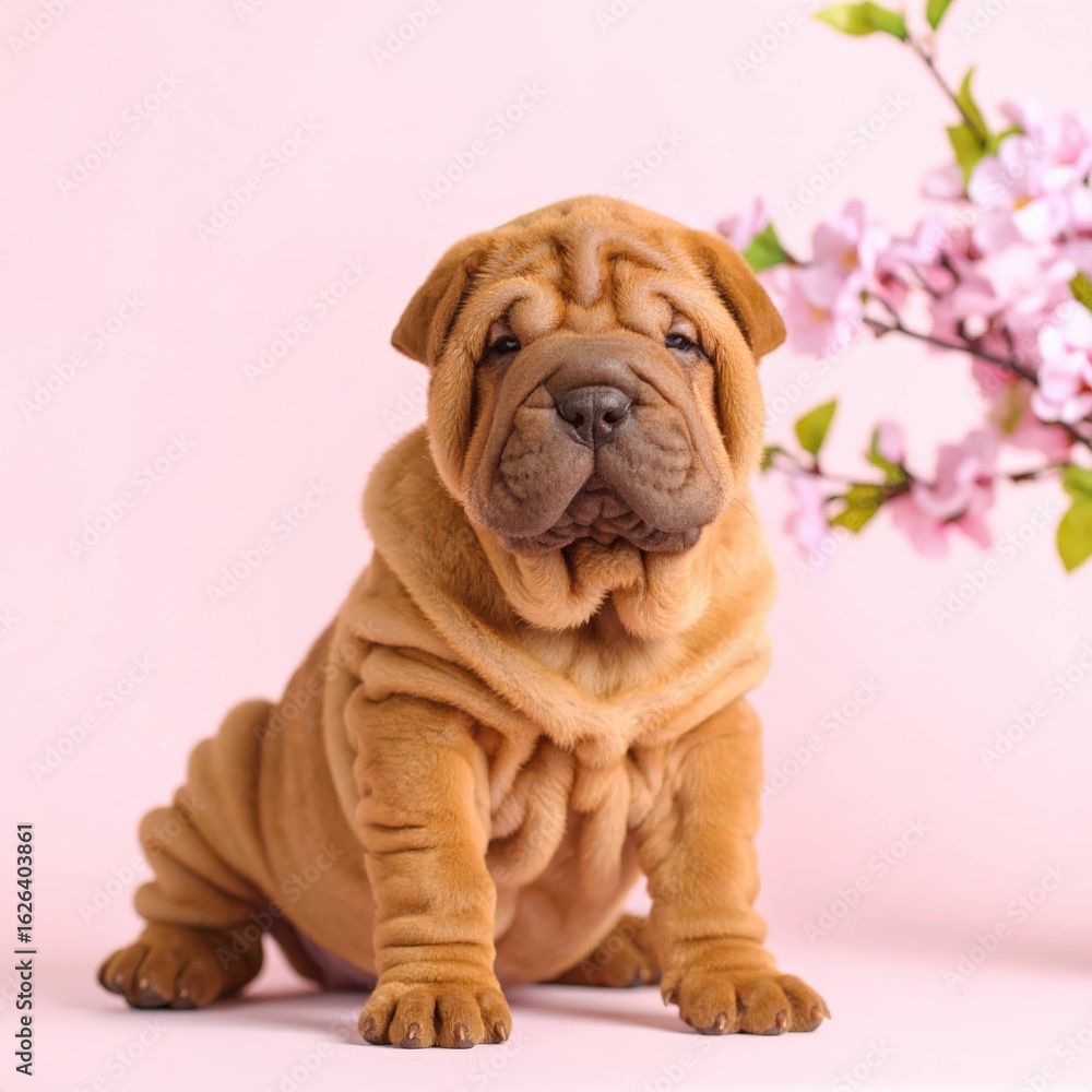 Obraz premium Adorable Shar Pei Puppy Portrait on Pink Background, Generated image