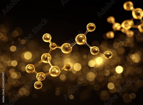 Gold molecular structure on a dark background with golden bokeh