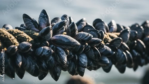 Close up of a cluster of fresh mussels growing on a thick rope. Marine life and aquaculture concept with a blurred water background.