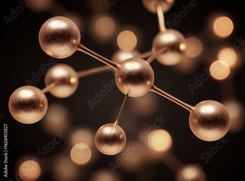 Copper-colored metallic spheres connected by rods, creating a molecular structure.  Abstract, scientific, and detailed.  Bokeh effect, deep black background