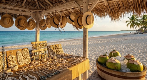 Fototapeta Naklejka Na Ścianę i Meble -  Vacation Shopping: Beachside Stall with Coconuts and Local Goods