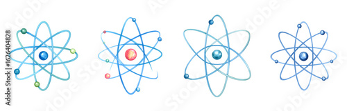 Colorful atomic models with orbiting electrons and nucleus. Watercolor illustration isolated transparent background