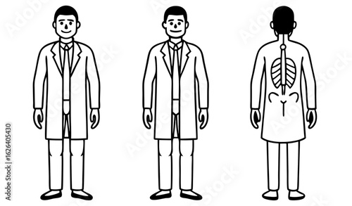 Male doctor surgeon, radiologist in hospital. Character constructor for animation. Front, side and back view set. Body parts, postures, poses collection. Vector illustration.                   