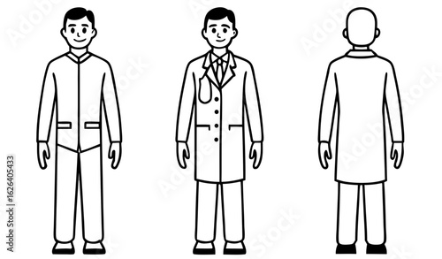 Male doctor surgeon, radiologist in hospital. Character constructor for animation. Front, side and back view set. Body parts, postures, poses collection. Vector illustration.                   
