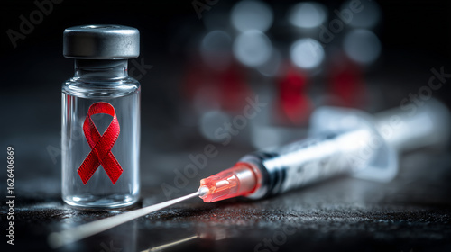 HIV Vaccine Concept with Red Ribbon and Syringe

