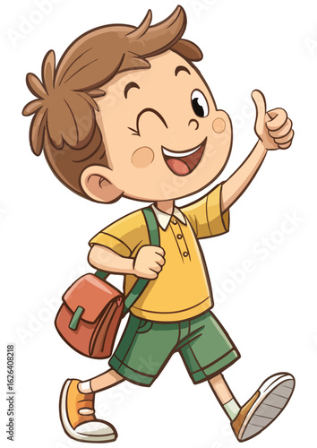 Happy Kid on the Way to School: An energetic boy, bag in tow, strides confidently, giving a thumbs-up with a joyful wink, his face reflecting anticipation and glee for a day of learning.