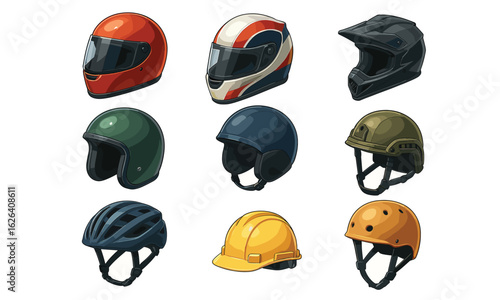 Vibrant helmet collection for biking, racing, and safety, perfect for ads, designs, or gear illustrations.