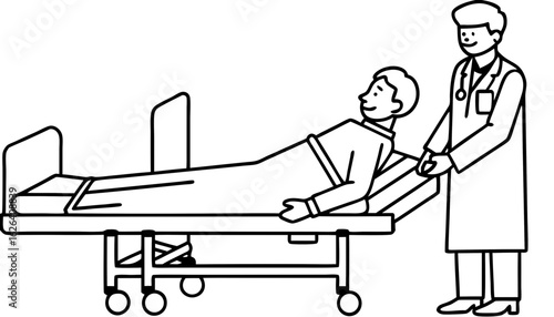 Doctor visit a patient lying in a intensive care hospital bed. Health worker examine patients health in clinic. Hospitalization concept. Vector illustration.       