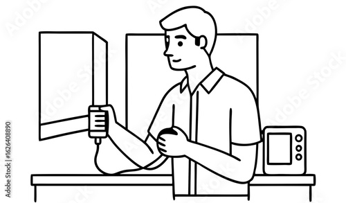 Man with hypertension checking heart health with blood pressure monitor at home. Vector illustration.          
