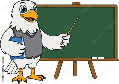 Cartoon eagle teacher holding book, pointing at chalkboard, educational bird character, classroom teaching mascot, vector illustration for school concept