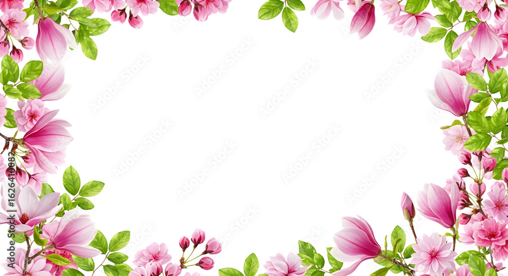 Pink flowers and green leaves form a decorative floral border frame, perfect for a spring or summer design Pink flowers and green leaves form a decorative floral border frame, perfect for a spring or summer design