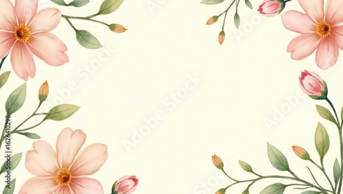 Delicate floral border design with pastel pink flowers and greenery.