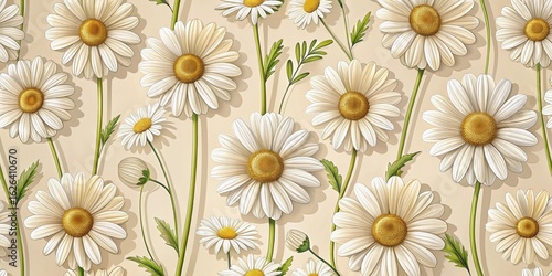 Elegant botanical illustration featuring a profusion of large, detailed daisies with creamy white petals and golden centers, arranged in a repeating pattern against a soft beige backdrop.