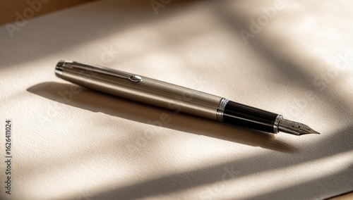 A metallic fountain pen rests on a beige surface, light and shadow creating a subtle pattern