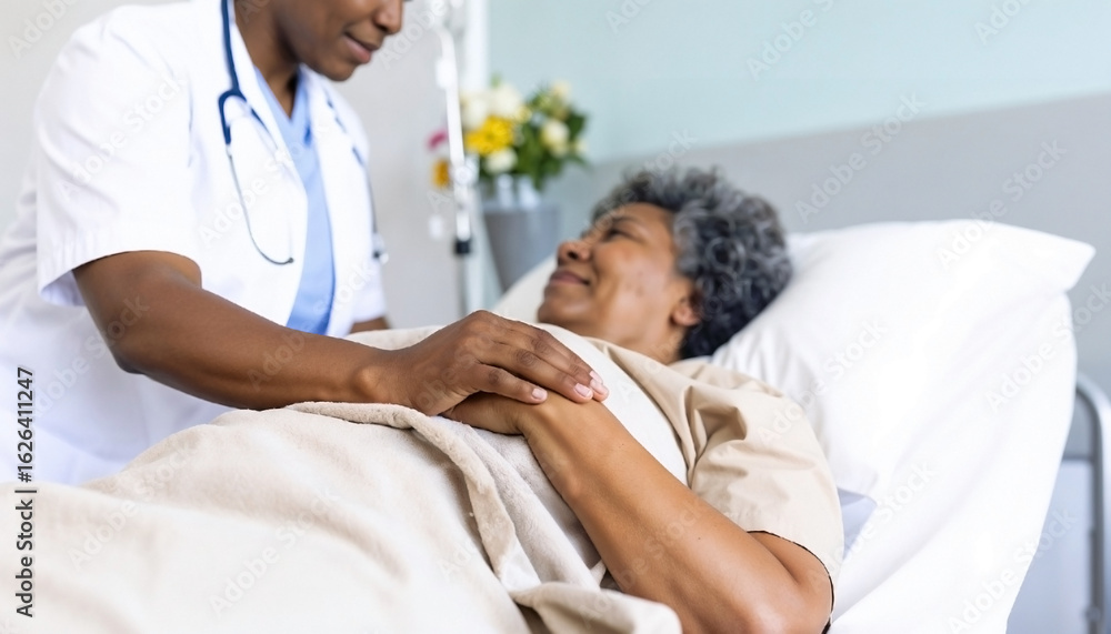 Obraz premium Close-up of a nurse in a blue gown gently holding the hand of a patient in a hospital bed, symbolizing care, empathy, and support in a medical setting