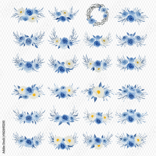 A beautiful collection of blue and white watercolor floral arrangements, including bouquets, swags, and a wreath for decorative design.