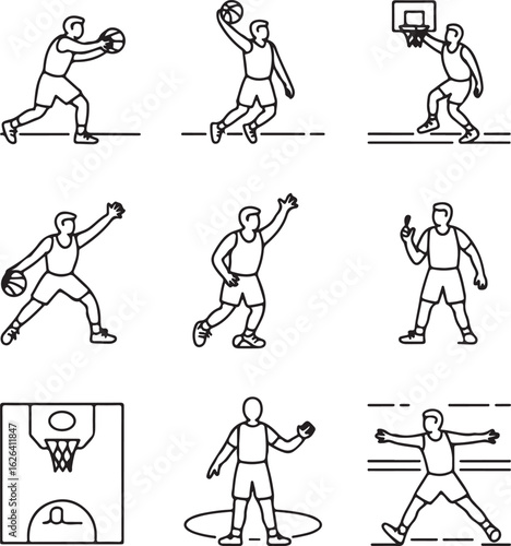 Hand-Drawn Basketball Action Icons Pack – Dribbling, Dunking, Passing, Shooting, Defense, Rebound, Referee, Timeout, Foul, and Court Plays