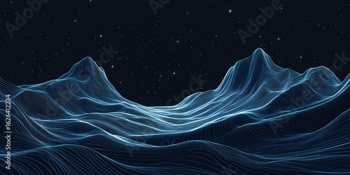 Digital landscape with glowing lines and starry sky at night Generative AI