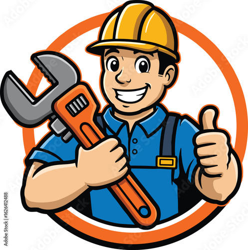 Cartoon plumber with wrench, happy handyman character, wearing hard hat and blue uniform, thumbs up pose, repair service mascot