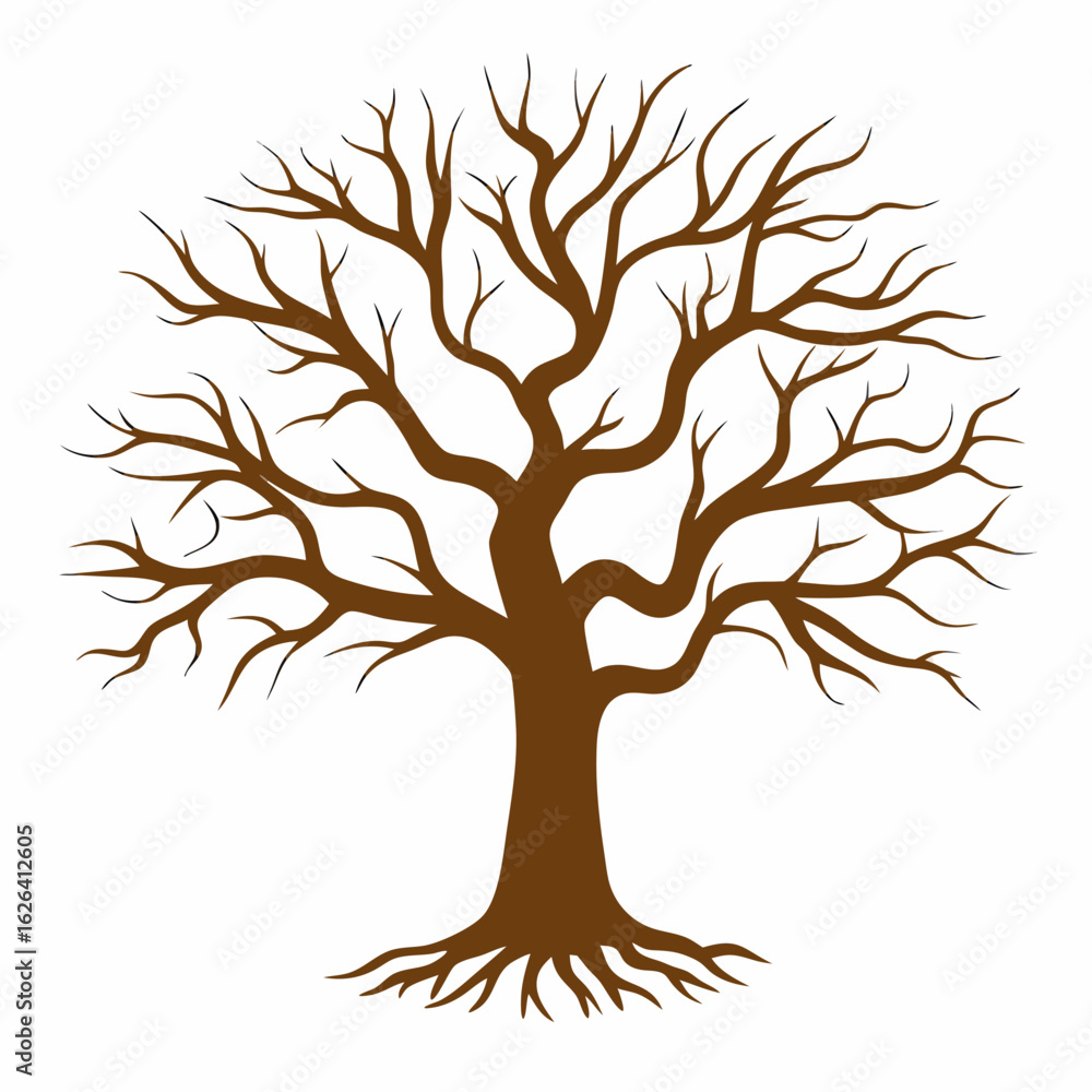 Fototapeta premium Stylized brown bare tree silhouette with visible roots against a clean white background