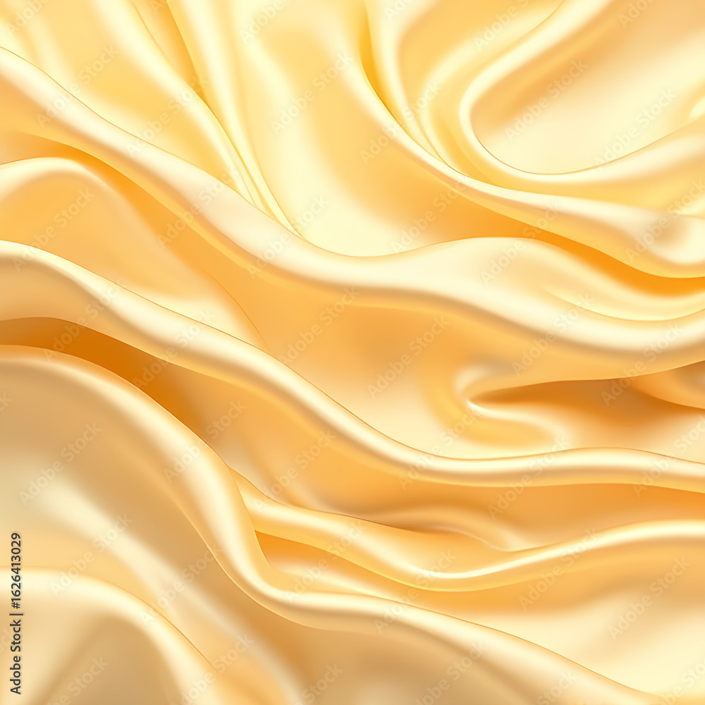 Fototapeta premium Smooth golden silk waves ripple under soft light, the elegant texture radiating clean, modern, luxurious, and serene vibes, evoking warmth, softness, and timeless beauty.