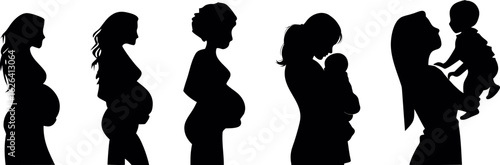 pregnancy stages vector, woman silhouette evolution from pregnant to mother holding baby, motherhood illustration set, flat maternity icons