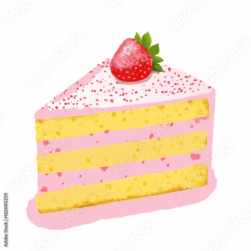 A delicious slice of layered strawberry cake with fresh fruit and pink frosting
