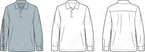 Long Sleeve Polo Shirt with Back Yoke Detail and Button Cuffs Flat Vector Template for Fashion Apparel Technical Design Illustration