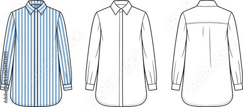 Long Sleeve Women’s Button Down Shirt Flat Sketch Front and Back Views with Classic Collar and Cuffs Fashion Illustration Template