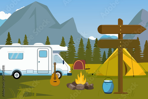 Scenic mountain campsite with rv tents campfire guitar and directional sign