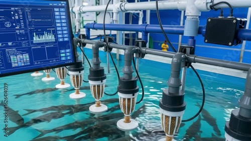 High-tech fish farm with automated feeding system and computer monitoring. Sturgeon swimming in a large indoor aquaculture tank.
