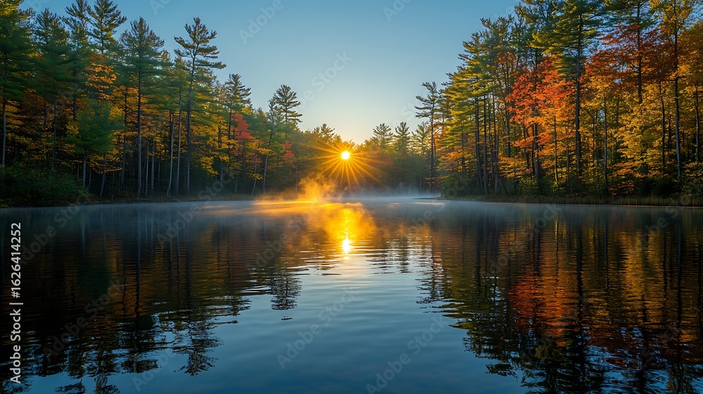 Fototapeta premium Autumn sunrise over a tranquil lake, showcasing vibrant fall foliage reflected in the still water.
