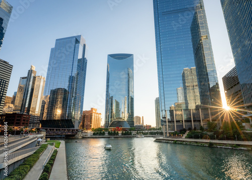 View of downtown Chicago with Chicago River and boats