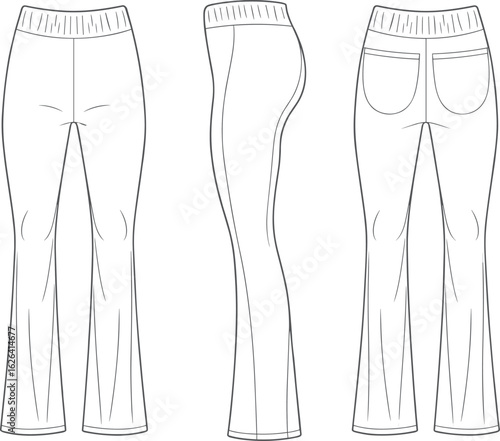 Technical Flat Sketch of Women’s Flared Yoga Pants with Back Pockets and Elastic Waistband for Activewear and Lifestyle Design