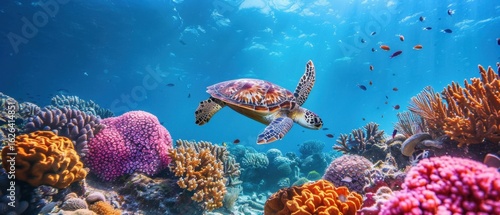 Vibrant Coral Reef with Sea Turtle Swimming Among Colorful Fish