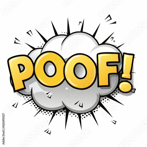 Comic book style sound effect poof with explosive burst and halftone dots on white background