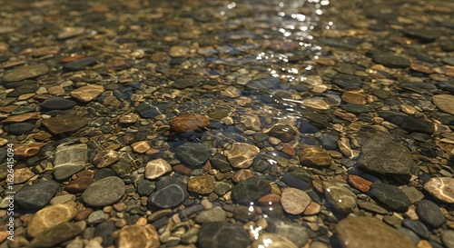 Shallow stream water flowing over smooth river rocks creating shimmering light patterns on the stones