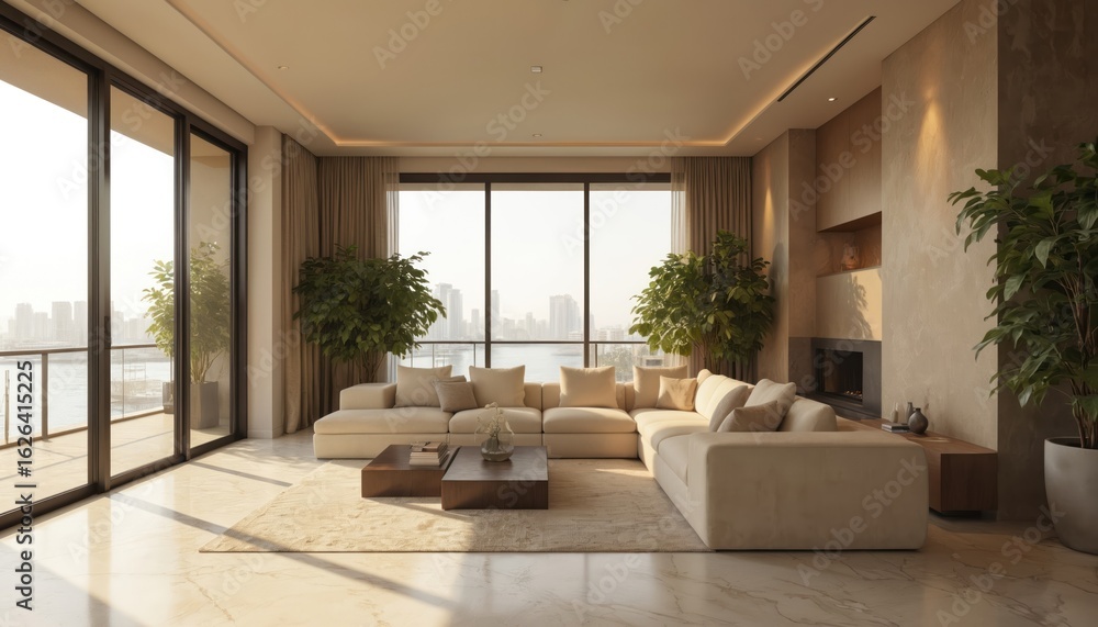 Fototapeta premium Luxury living room in Dubai tower block. Elegant, contemporary space features beige sofa, coffee table, armchair, floor lamp. Natural light from large window, wooden floor warmth. Serene atmosphere,