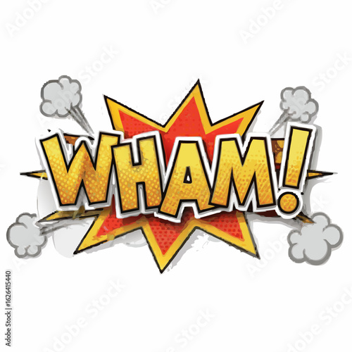 Comic book style wham sound effect explosion with smoke and bold yellow text