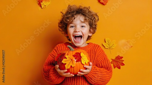 Joyful child holding pumpkin decorated with autumn leaves, smiling and wearing orange sweater