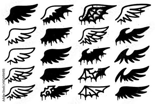 Hand drawn angel and bird wing icons in bold graffiti style, Transparent Background