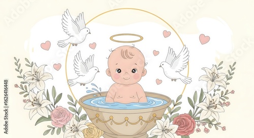 Illustration of baby baptism in water, baby baptism concept shows infant in decorated font with floating doves. Illustration about baby baptism event represents a spiritual awakening.