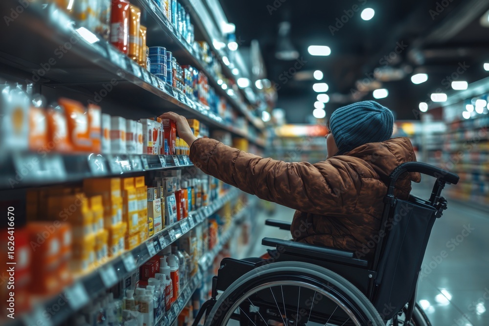 Obraz premium Person in Wheelchair Shopping at Supermarket.Inclusive Accessibility and Independence in Daily Life