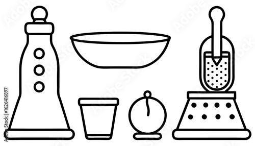 Cooking weights and measures set. Typical measuring system for liquid culinary ingredients. Measurements for different recipes. Flat vector illustration isolated on white background