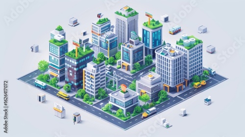 Modern Cityscape with Green Rooftops and Urban Architecture