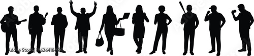 Silhouette of diverse people in action, lifestyle icons, professionals, musicians, workers, ideal for creative projects, websites, advertising design
