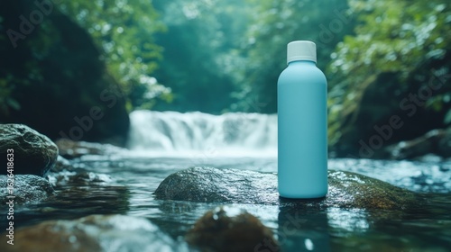 Tranquil Blue Water Bottle on River Rocks, Waterfall Backdrop, Serene Nature Scene.
