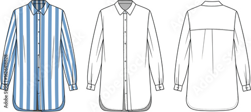 Women’s Long Sleeve Button Down Shirt Flat Sketch with Vertical Stripes, Cuff Buttons, and Back Yoke Fashion Template