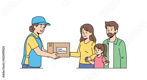 A kind delivery person hands a food donation box to a grateful family, emphasizing community support and charitable giving in a clean vector illustration.