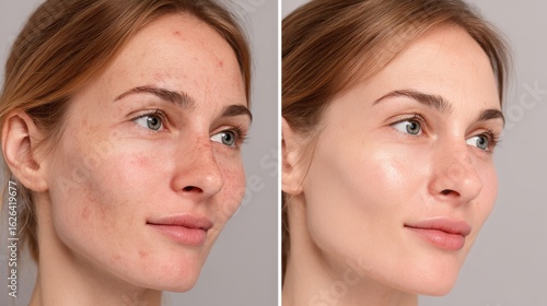 Woman's face with acne before and after treatment, side by side. Showcase skin care, improvement, beauty product results, & self-care.